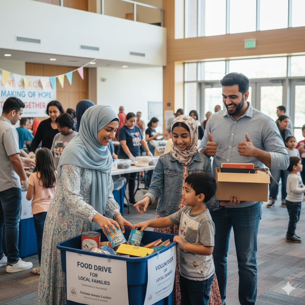 Muslim family at a US community center participating in a charity event.