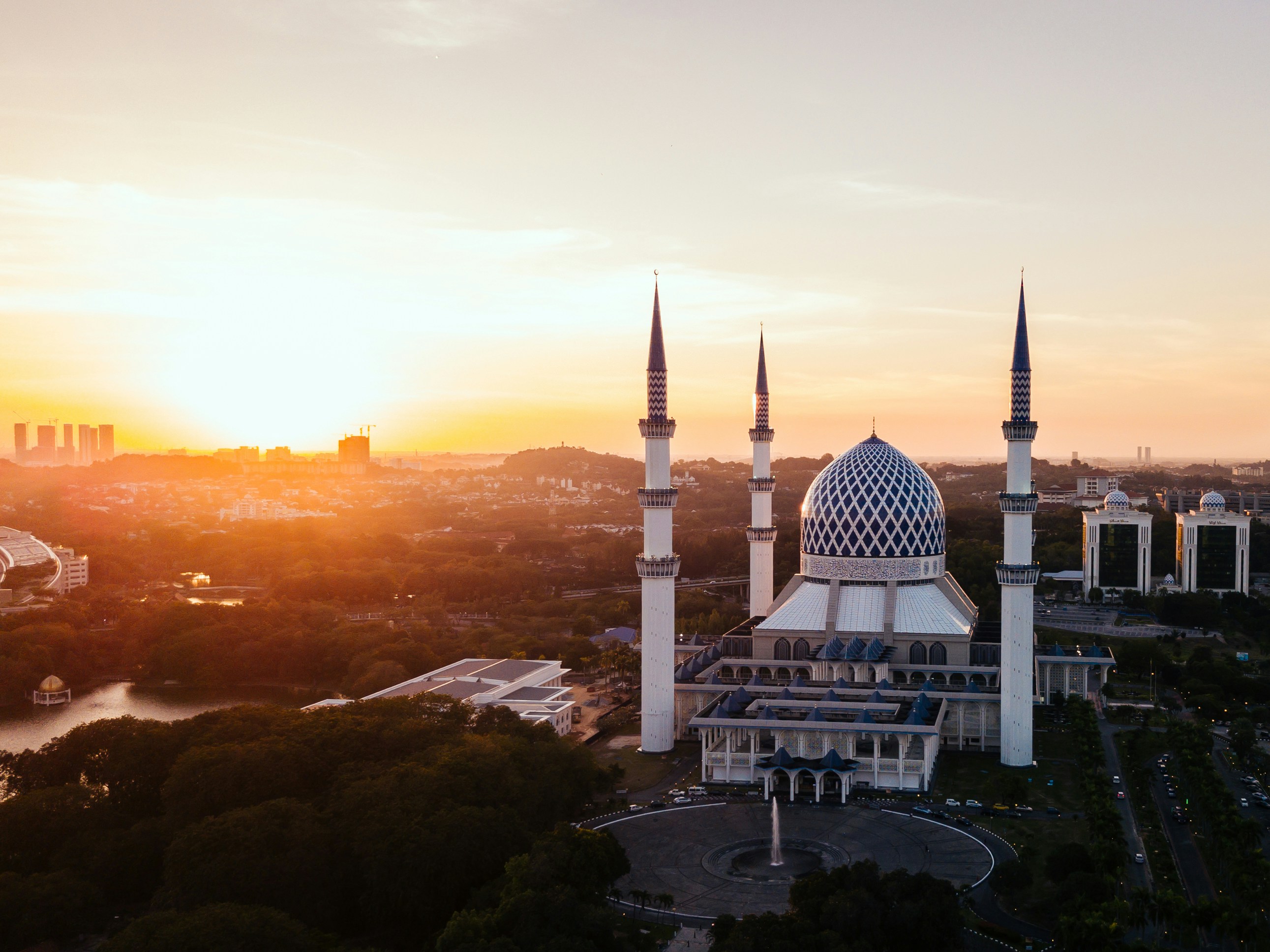 Exterior view of a mosque in the United States at sunset.