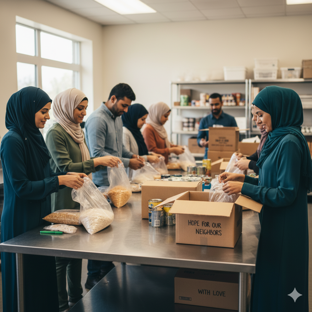 Muslim volunteers in modest attire preparing food packages for local neighbors.